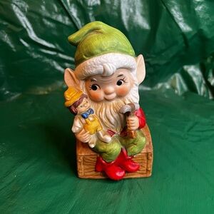 Charming Christmas Elf Figurine with Doll - Green and Red